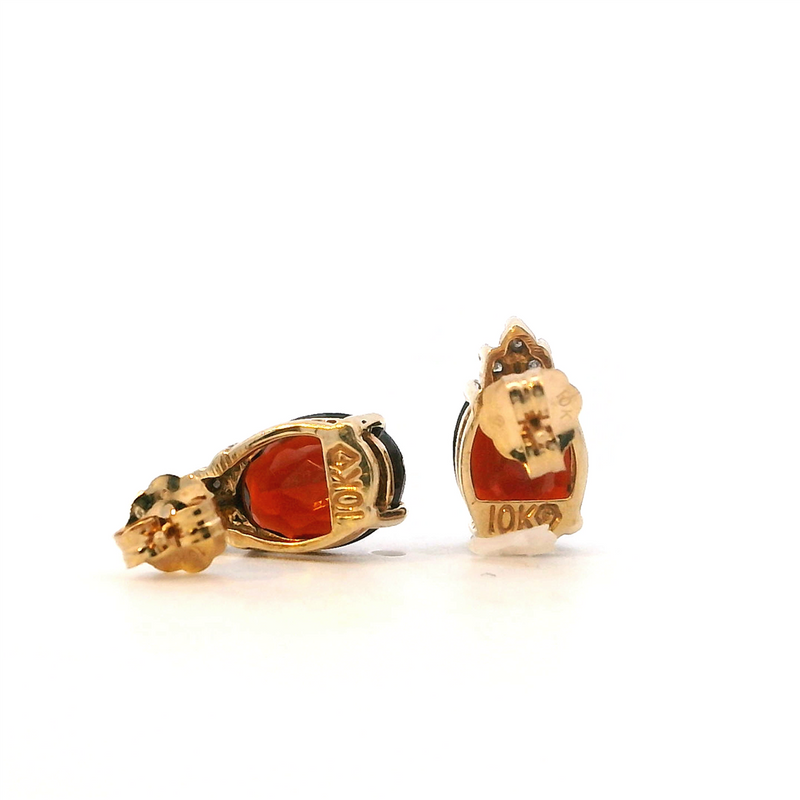 Vibrant Color Stone 10K Gold Yellow Estate Garnet & 0.03 Carats Diamond Drop Stud Earrings