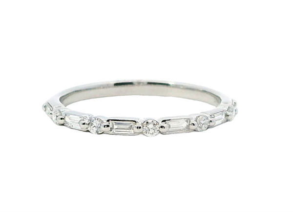 Elegant Diamond Bands 14K Gold White Stackable  1/4 Carats Baguettee & Round Diamond Anniversary Band