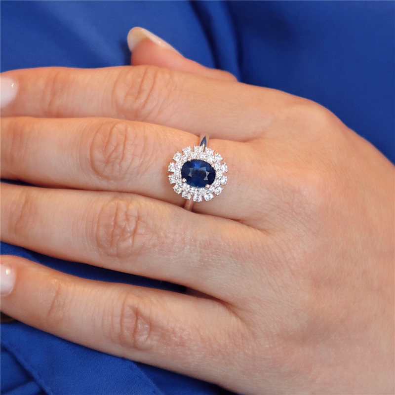 Bold & Elegant 18K White Gold Oval Cut 1.49 Carat Blue Sapphire & Round 0.73 Carat Diamond Double Halo Ring