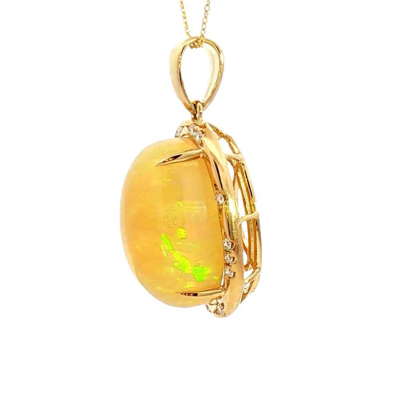 Vibrant Colored Stone Necklaces 14K Gold Yellow 8.91 Carats Opal & 0.13 Carats Diamond Halo Necklace, 18 Inch