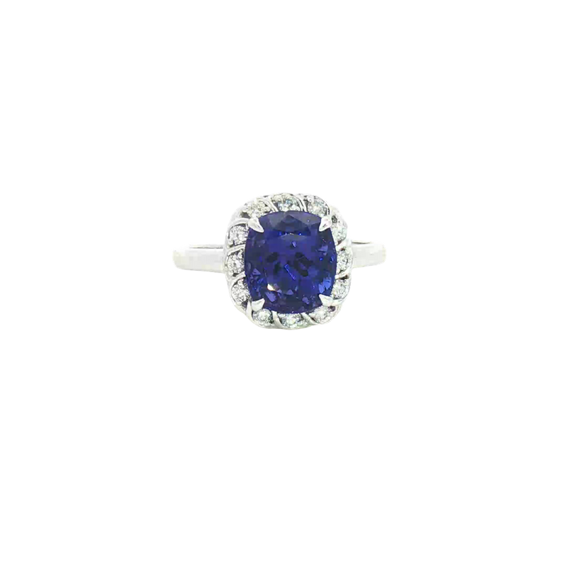 Bold & Elegant 18K White Gold Cushion Cut 3.26 CaratsTanzanite & 0.22 Carats Diamond Halo Ring