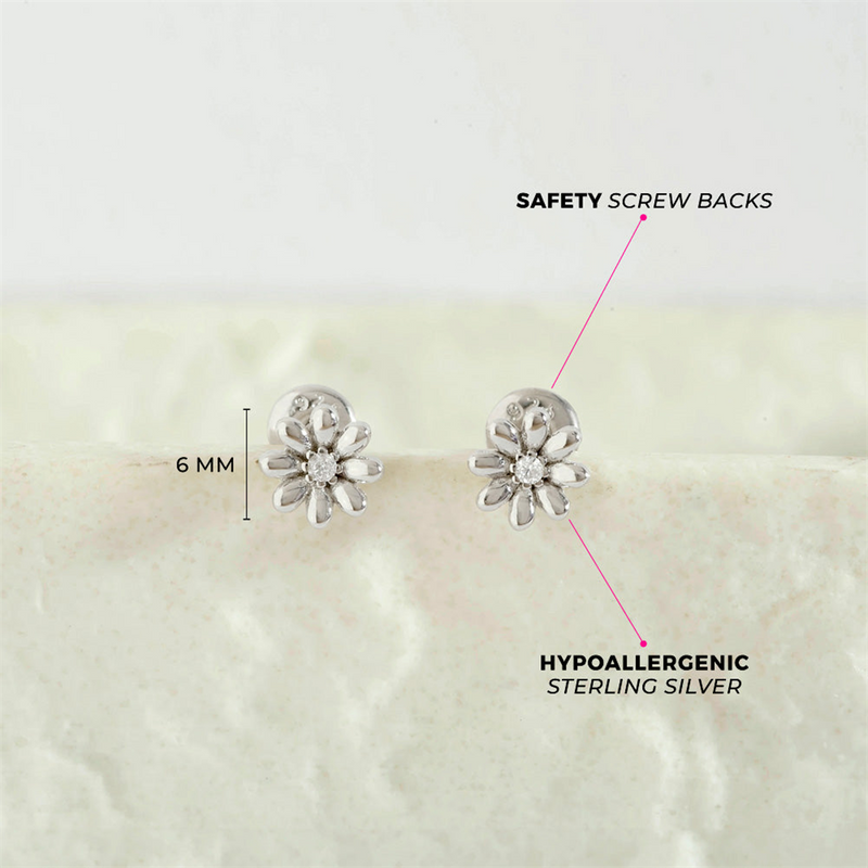 Sterling Silver Puffed Blossom April Birthstone CZ Earrings For Children