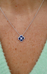 Vibrant Colored Stone Necklaces 18K White Gold 0.76 Carats Blue Sapphires & 0.13 Carats Diamond Halo Clover Motif Necklace - 18 Inch