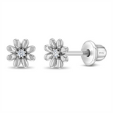 Sterling Silver Puffed Blossom April Birthstone CZ Earrings For Children
