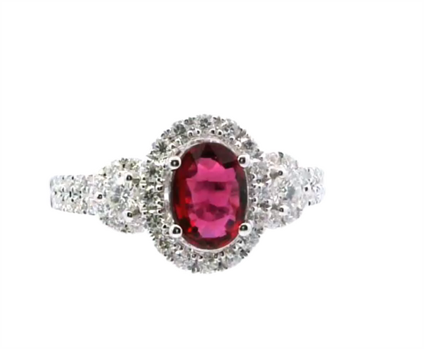 18K White Gold Halo Oval-Cut Ruby & Diamond 3-Stone Inspired Ring, 1.02ct Ruby & 0.55ct Diamonds, F/G Color, VS2 Clarity