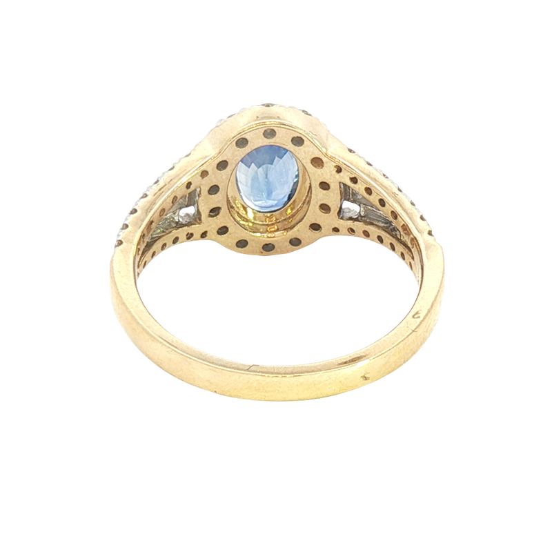 Bold & Elegant 14K Yellow Gold 1.34 Carats Ceylon Blue Sapphire & 0.86 Carats Baguette & Round Halo Ring