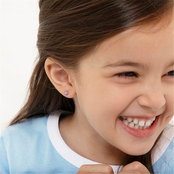 Sterling Silver February Birthstone Purple CZ & April Birthstone White CZ Cluster Flower Earrings For Children