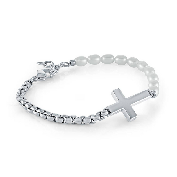 Bold & Stylish Stainless Steel & 4.5 MM Pearl Cross Bracelet - 7.5 Inch