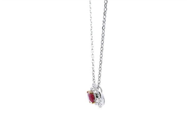 Vibrant Colored Stone Necklaces 18K Gold White 0.48 Carats Ruby & 0.25 Carats Diamond Halo Necklace, 18 Inch