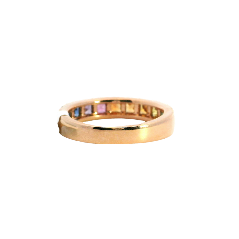 Bold & Elegant 18K Rosé Gold Princess Cut Mulit Color 0.72 Carats Fancy Sapphires & 0.31 Carats Diamond Halo Band