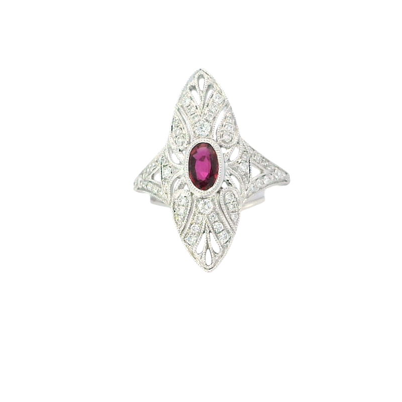 Bold & Elegant 18K White Gold 0.51 Carat Oval Cut Ruby & Art Deco Inspired Diamond Halo Ring