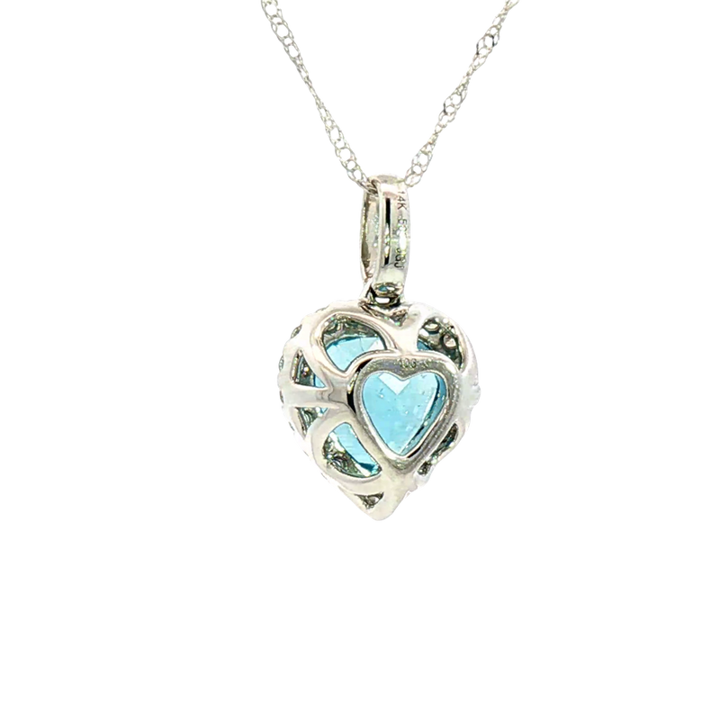 Vibrant Colored Stone Necklaces 14K White Gold Heart Shaped 1.55 Carats Blue Aquamarine & 0.14 Carats Diamond Halo Necklace, 18 Inch