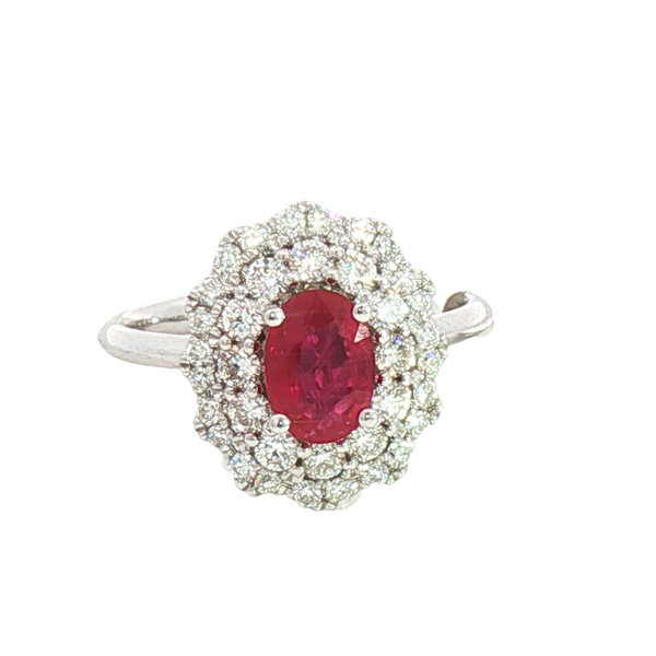 Bold & Elegant 18K White Gold Oval Cut 1.0 Carat Ruby & 0.66 Carats Diamond Double Halo Ring