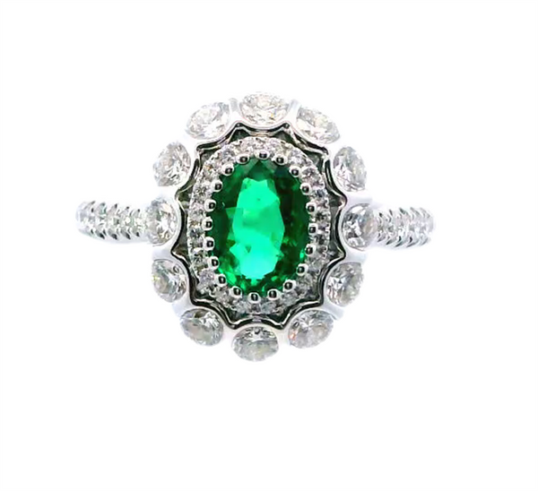 18K White Gold Vintage-Inspired Oval-Cut Emerald Ring with Double Diamond Halo, 0.75ct Emerald & 1.21ct Diamonds, F/G Color, VS2-SI1 Clarity