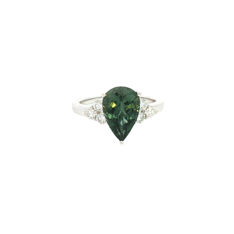 Bold & Elegant 18K White Gold Pear Cut 2.61 Carats Green Tourmaline & 0.39 Carats Diamond Ring