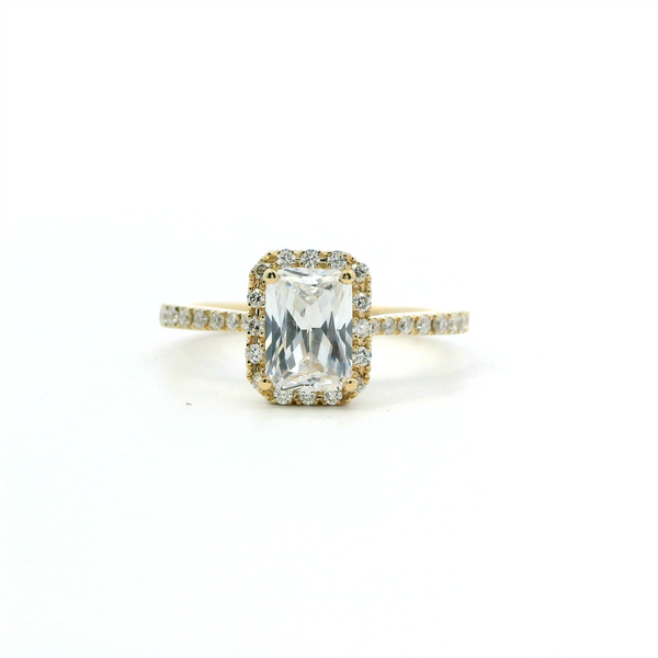 Elegant Diamond Mountings 18K Gold Yellow Halo Emerald Cut 7x5MM Cubic Zirconia & Diamond Engagement Ring  - 0.26 Carats Accent Diamonds