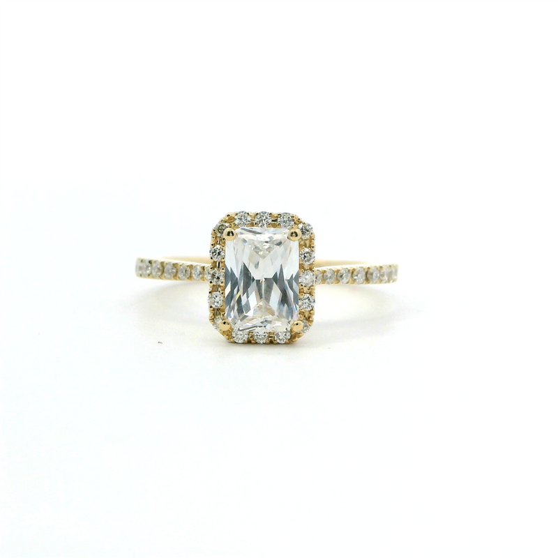 Elegant Diamond Mountings 18K Gold Yellow Halo Emerald Cut 7x5MM Cubic Zirconia & Diamond Engagement Ring  - 0.26 Carats Accent Diamonds