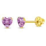 14K Yellow Gold October Birthstone Pink CZ Heart Earrings For Children
