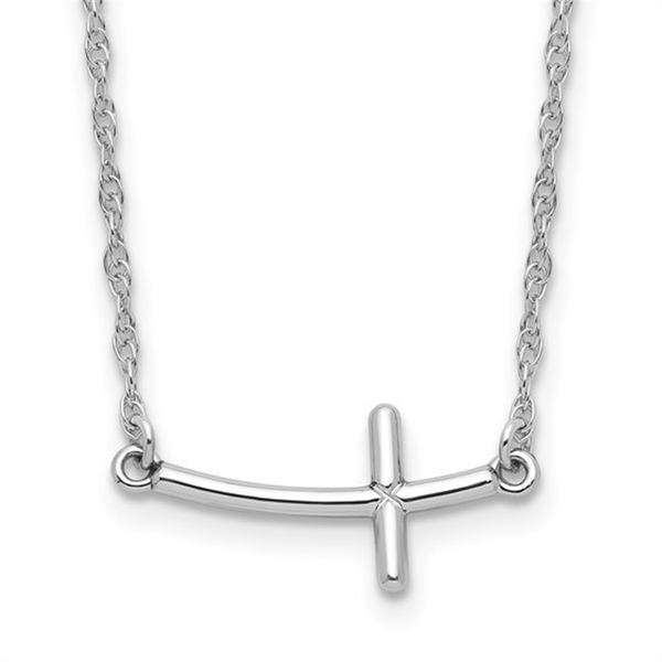 White Sterling Silver 22x10mm Sideways Cross Necklace- 14 inch