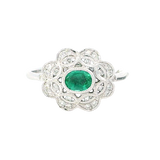 Bold & Elegant 18K White Gold Oval Cut 0.43 Carat Emerald & 0.17 Carat Diamond Floral Vintage Inspired Halo Ring