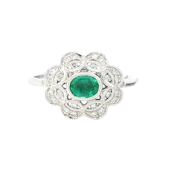 Bold & Elegant 18K White Gold Oval Cut 0.43 Carat Emerald & 0.17 Carat Diamond Floral Vintage Inspired Halo Ring