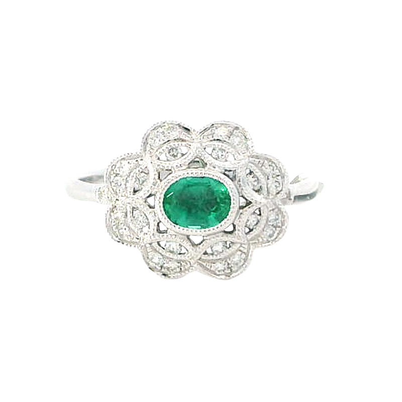 Bold & Elegant 18K White Gold Oval Cut 0.43 Carat Emerald & 0.17 Carat Diamond Floral Vintage Inspired Halo Ring