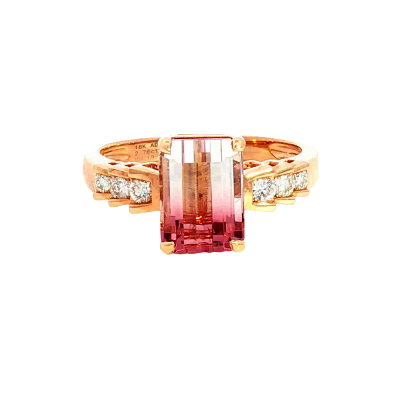 Bold & Elegant 18K Rosé Gold Emerald Cut 2.76 Carats Watermelon Tourmaline & 0.19 Carats Diamond Ring