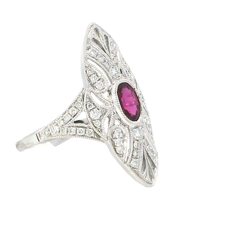 Bold & Elegant 18K White Gold 0.51 Carat Oval Cut Ruby & Art Deco Inspired Diamond Halo Ring