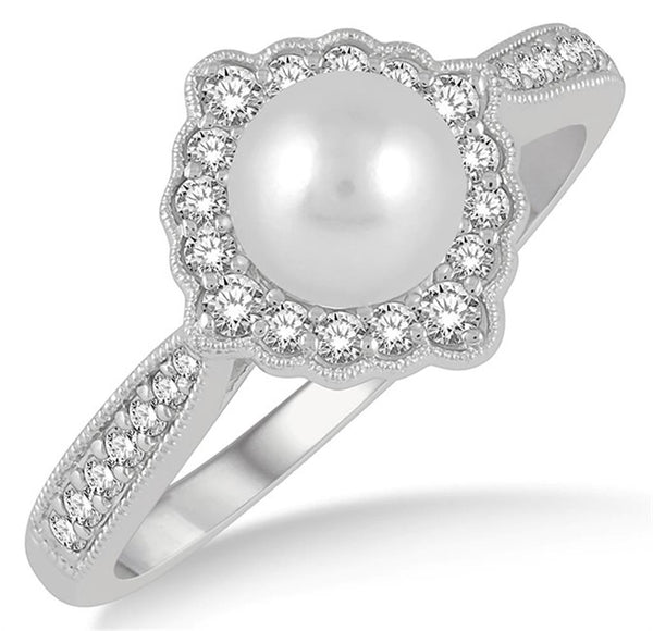 White 10 Karat Gold Round Pearl & 0.25 Carats Diamonds Halo Ring