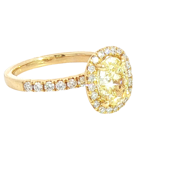 18K Yellow Gold Oval 2.22 Carats Fancy Yellow & Round White Diamond Halo Ring