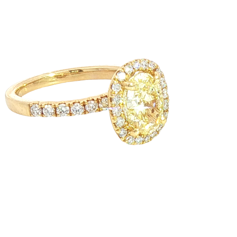 18K Yellow Gold Oval 2.22 Carats Fancy Yellow & Round White Diamond Halo Ring