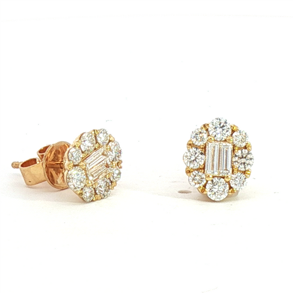 Classic & Contemporary 18K Yellow Gold 0.98 Carats Baguette & Round Diamond Stud Earrings
