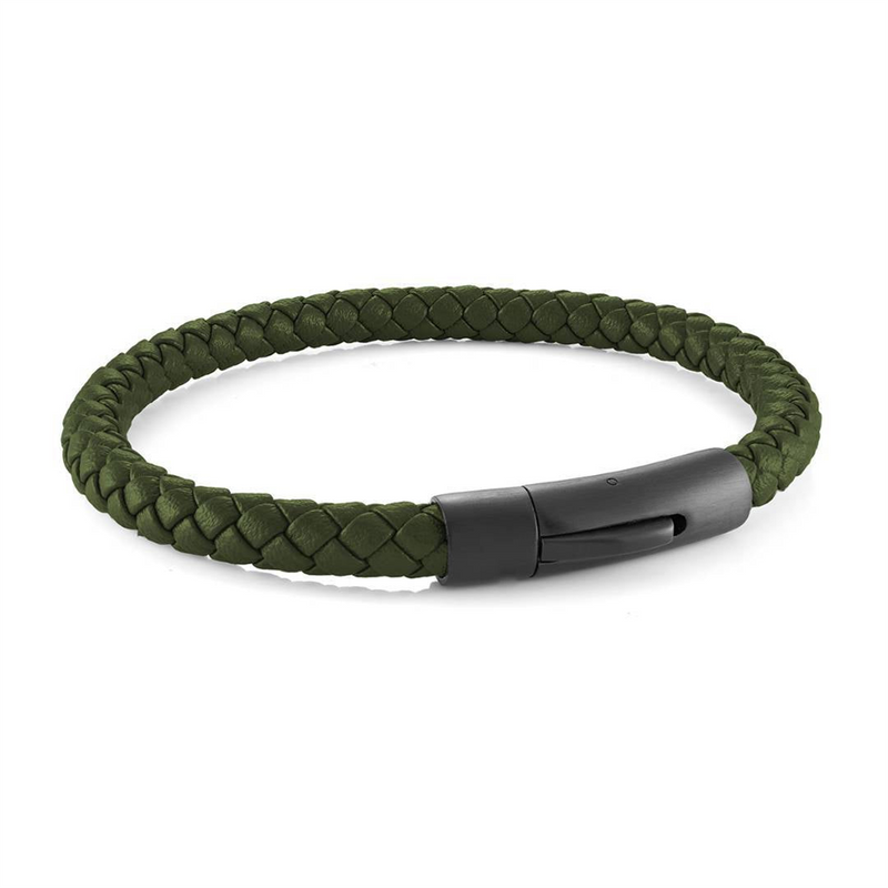 Bold & Stylish Alternative Metal Bracelets Army Green Braided Leather Bracelet - 8.5 Inch