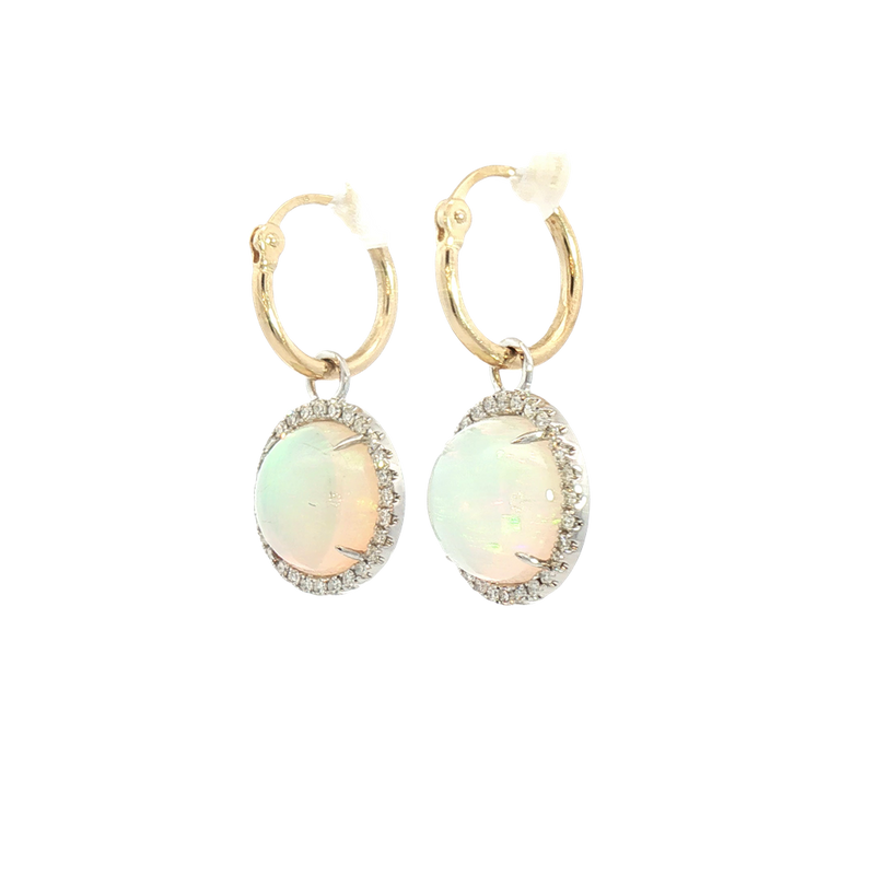 Vibrant Color Stone 14K Yellow & White Gold 4.92 Carats Opals & 0.34 Carats Diamond Halo Dangle Earrings