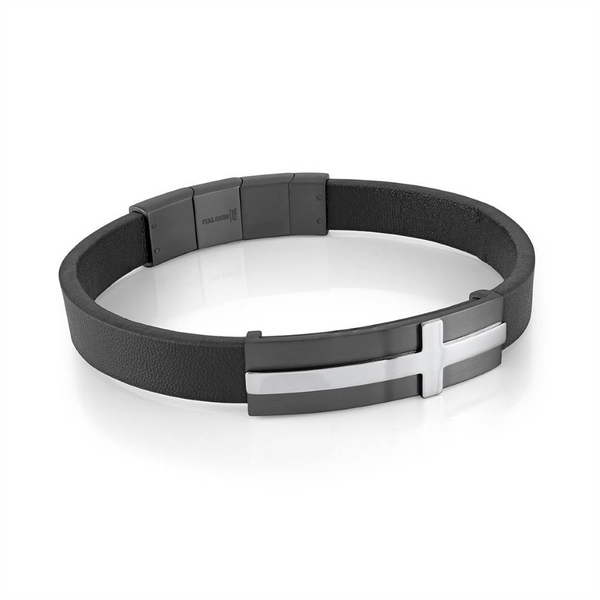 Bold & Stylish Alternative Black Stainless Steel & Brushed Stainless Steel Cross Bracelet