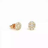 Classic & Contemporary 18K Yellow Gold 0.98 Carats Baguette & Round Diamond Stud Earrings