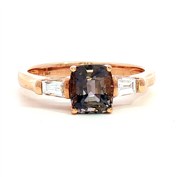 Bold & Elegant 14K Rosé Gold Cushion Cut 1.34 Carats Spinel & Trapezoid Cut 0.27 Carats Diamond Three Stone Ring