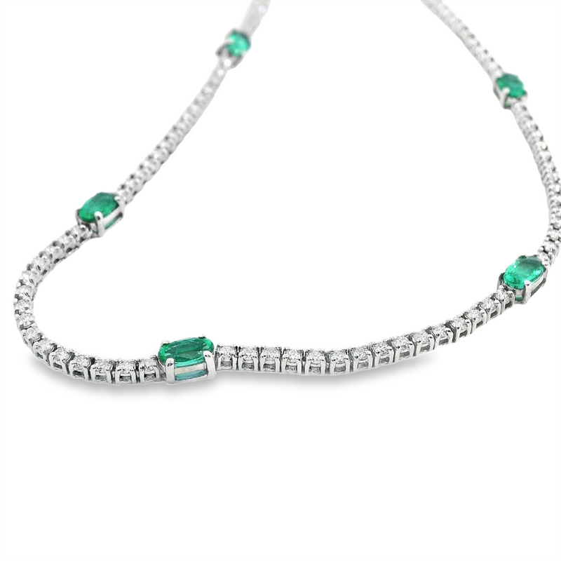 Vibrant Colored Stone Necklaces 18K White Gold 1.70 Carats Emerald & 3.11 Carats Diamond Tennis Necklace, 18 Inch