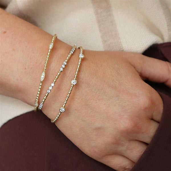 Sophisticated & Timeless Diamond Bracelets 14K Gold Yellow & Titanium Beaded & Bezel Diamond Flexible Bangle Bracelet - 0.40 CTW, Size 6.75 Inch
