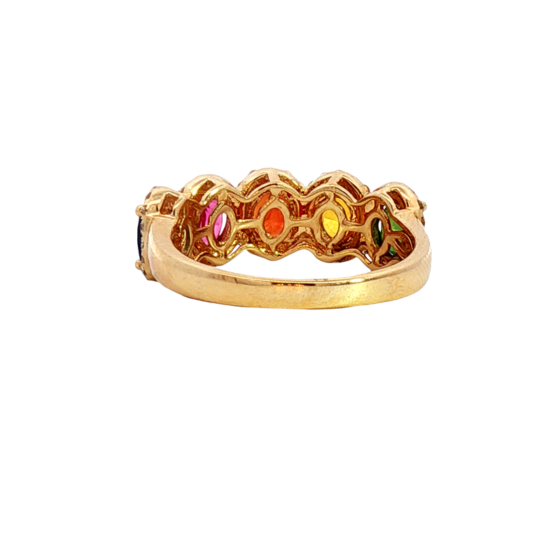 Bold & Elegant 14K Yellow Gold Oval Cut 2.78 Carats Mulit Colored Sapphires &  0.34 Carats Diamond Halo Ring