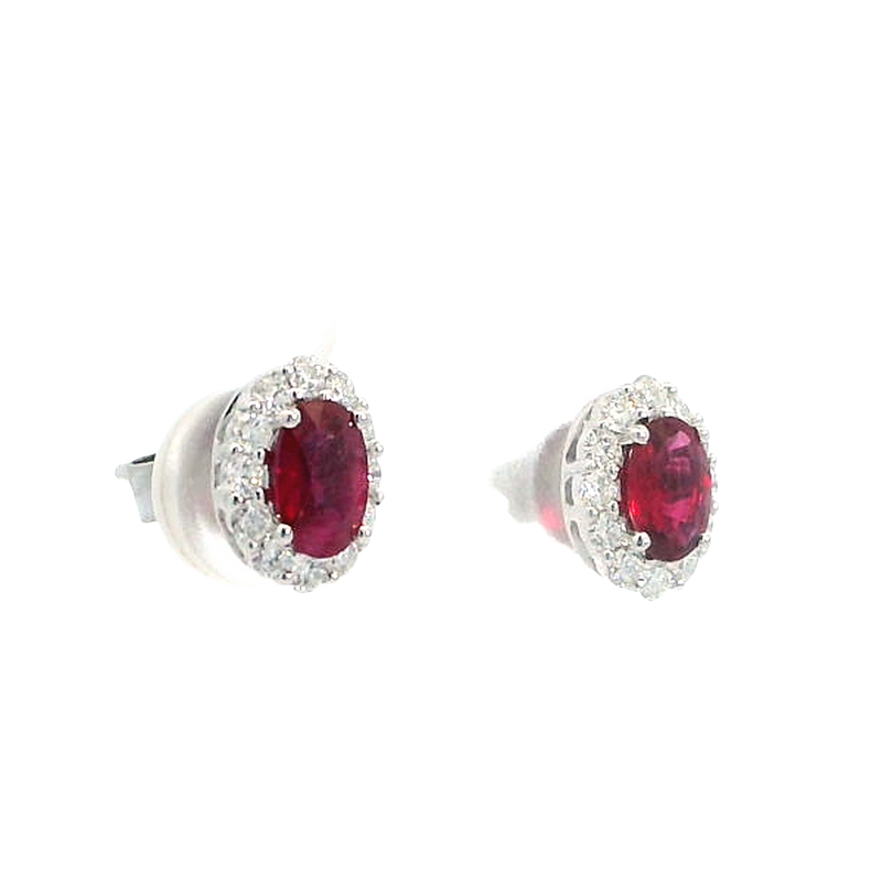 Vibrant Color Stone 18K White Gold 1.07 Carats Oval Ruby & 0.44 Carats Diamond Halo Stud Earrings