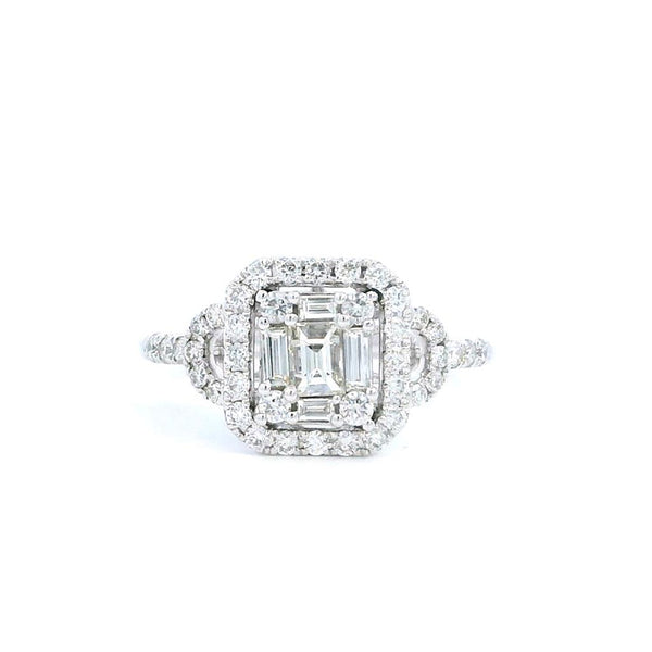 Timeless & Elegant Diamond Engagement Rings 14K White Gold Cushion Halo Emerald Cut, Baguette & Round 0.73 Carats Diamond Engagement Ring