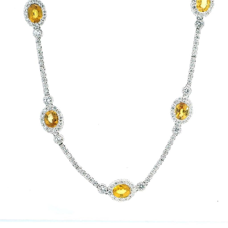 Vibrant Colored Stone Necklaces 3.00 Carats Yellow Sapphire & 1.55 Carats Diamond Station Necklace, 16 Inch