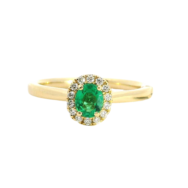 Bold & Elegant 18K Yellow Gold Oval Cut 0.31 Carats Emerald & 0.10 Carats Diamond Halo Ring
