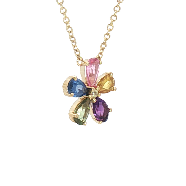 Vibrant Colored Stone Necklaces 14K Yellow Gold 1.13 Carats Sapphires & 0.02 Carats Diamond Floral Necklace, 18 Inch