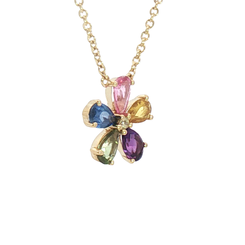 Vibrant Colored Stone Necklaces 14K Yellow Gold 1.13 Carats Sapphires & 0.02 Carats Diamond Floral Necklace, 18 Inch