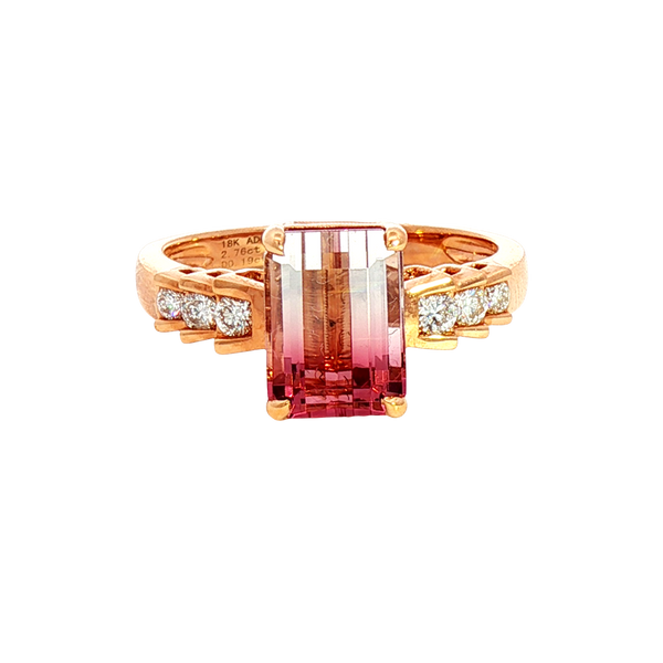 Bold & Elegant 18K Rosé Gold Emerald Cut 2.76 Carats Watermelon Tourmaline & 0.19 Carats Diamond Ring