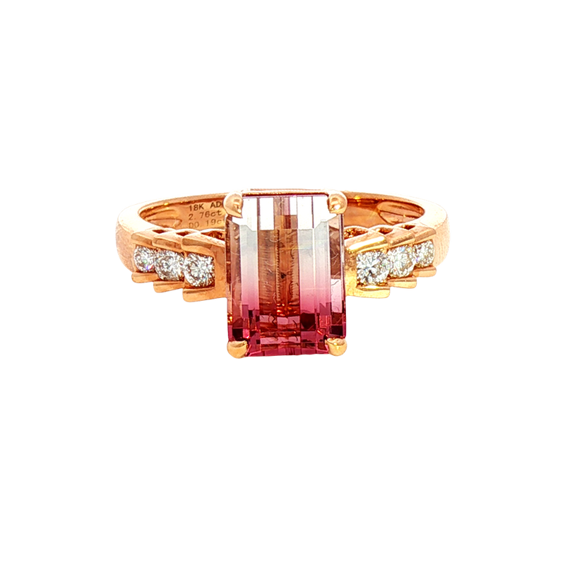 Bold & Elegant 18K Rosé Gold Emerald Cut 2.76 Carats Watermelon Tourmaline & 0.19 Carats Diamond Ring