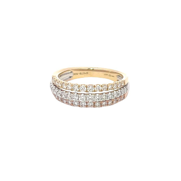 Elegant & Trendy 14K Gold Tri-Color 0.80 Carats Diamond Accented Triple Row Fashion Band