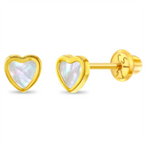 14K Yellow Gold 4 Prong June Birthstone Mother of Pearl Heart Earrings For Children